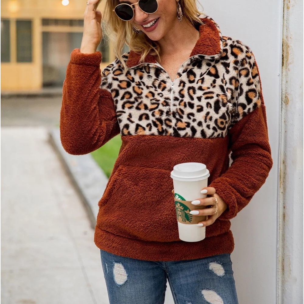 Plush Women Leopard Sherpa faux fur pullover sweater jacket animal print